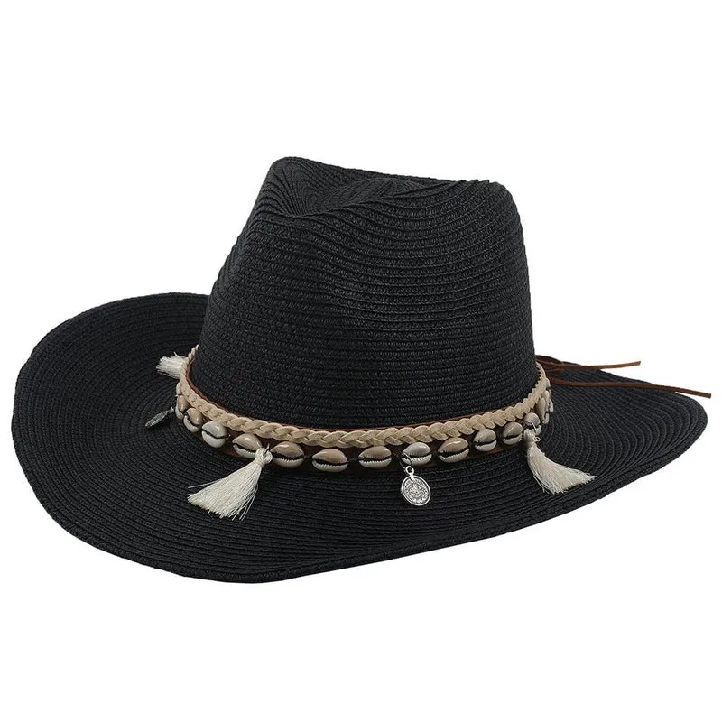 Damen Strohhut Boho Sommerhut mit Muscheln