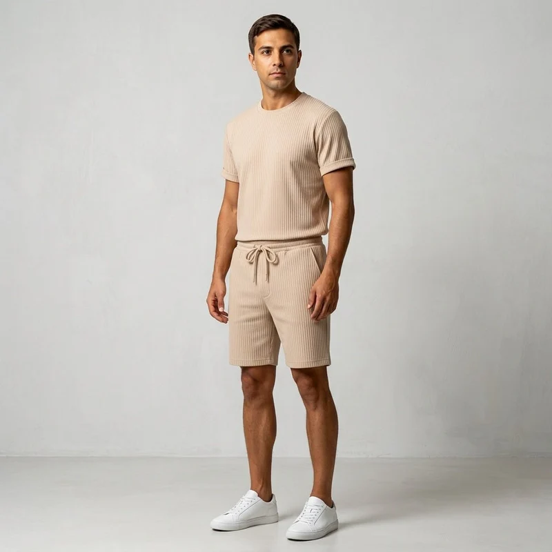 Herren Geripptes Set Mit Kurzarm Shirt Und Shorts