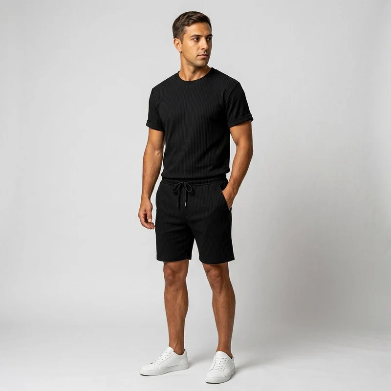 Herren Geripptes Set Mit Kurzarm Shirt Und Shorts