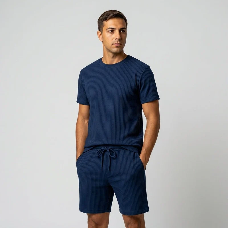 Herren Geripptes Set Mit Kurzarm Shirt Und Shorts