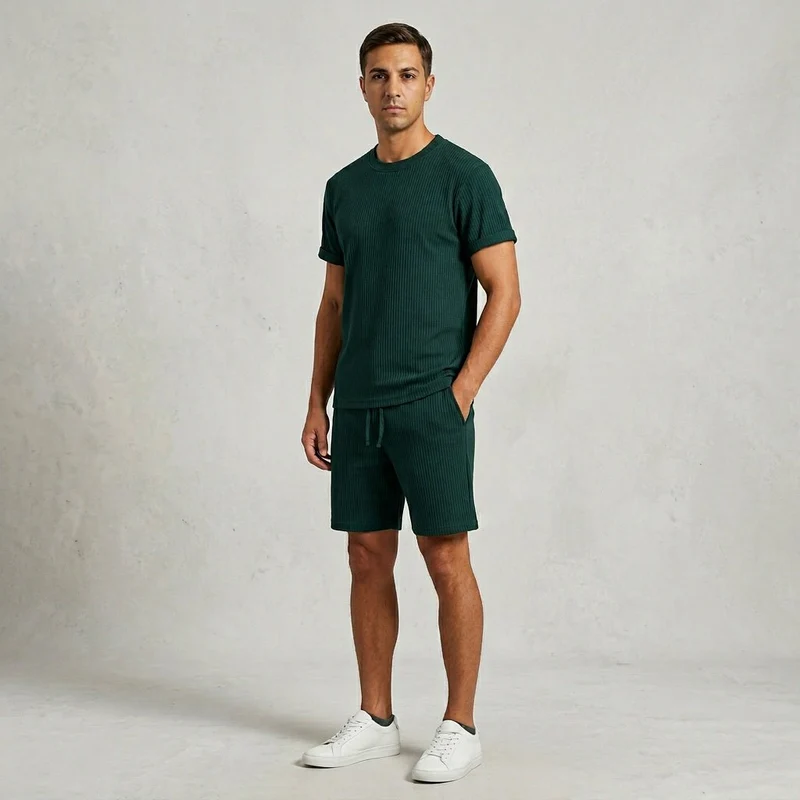 Herren Geripptes Set Mit Kurzarm Shirt Und Shorts