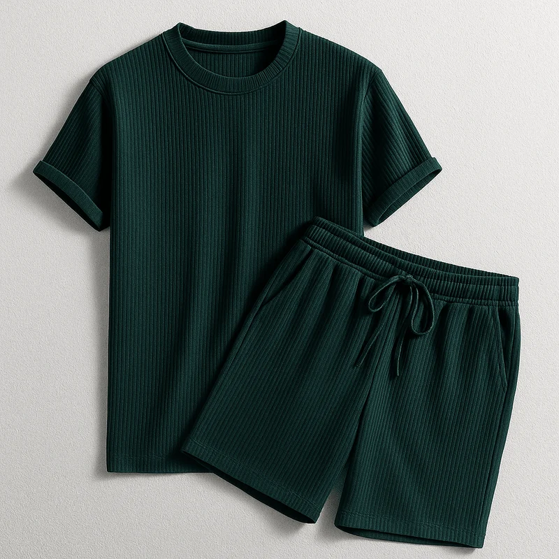 Herren Geripptes Set Mit Kurzarm Shirt Und Shorts