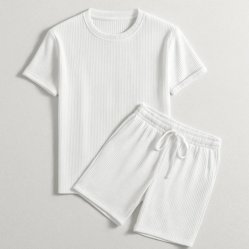 Herren Geripptes Set Mit Kurzarm Shirt Und Shorts