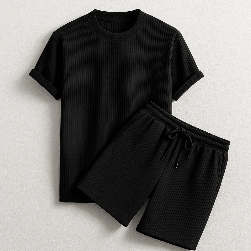 Herren Geripptes Set Mit Kurzarm Shirt Und Shorts
