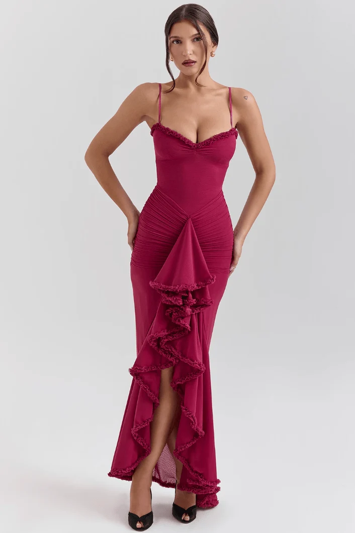 Maxi Abendkleid Langarm Rüschen