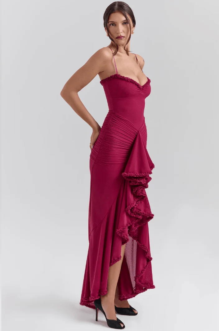 Maxi Abendkleid Langarm Rüschen