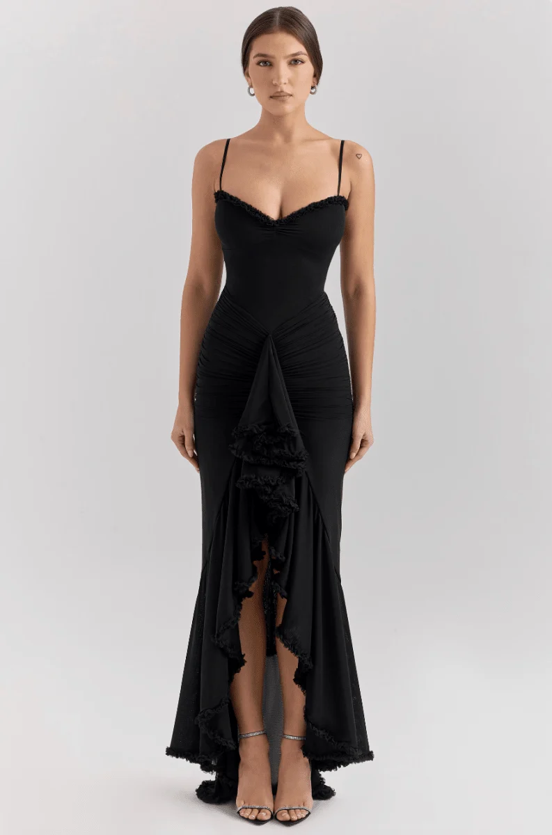 Maxi Abendkleid Langarm Rüschen
