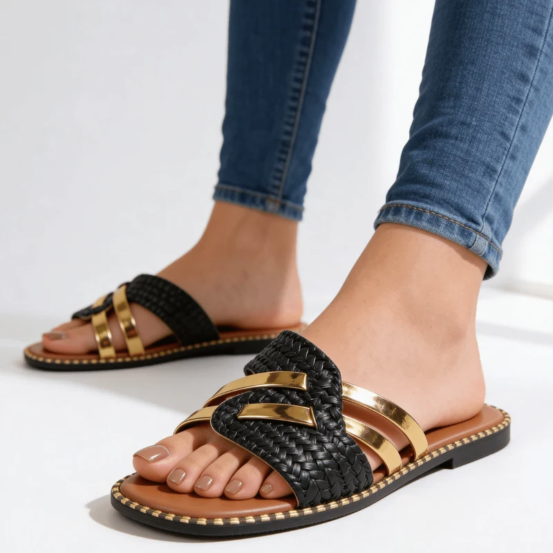 Pantoletten Damen flach mit Riemen und Nieten