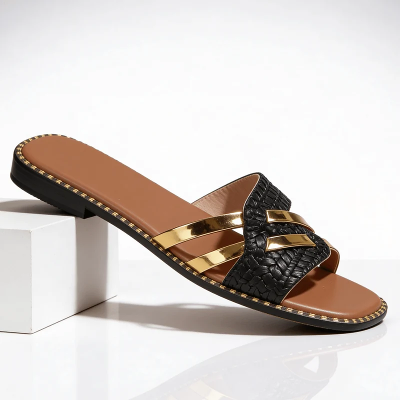 Pantoletten Damen flach mit Riemen und Nieten