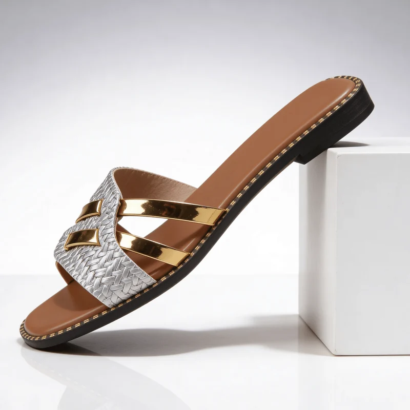 Pantoletten Damen flach mit Riemen und Nieten