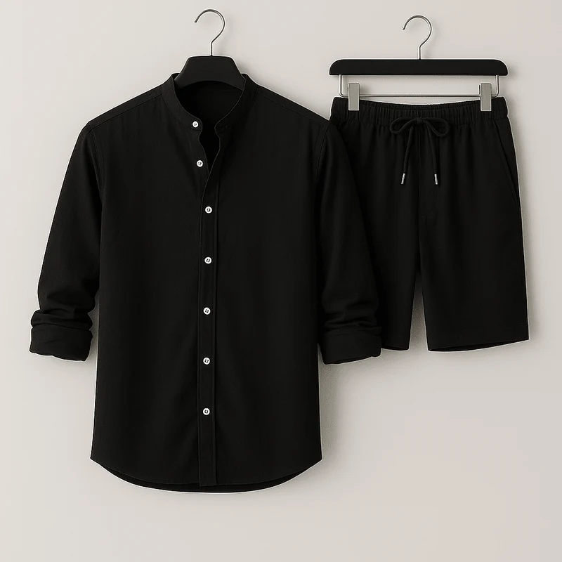 Herren Leinenlook Set Hemd Shorts