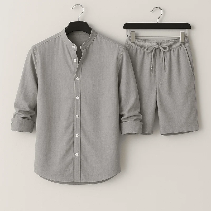 Herren Leinenlook Set Hemd Shorts