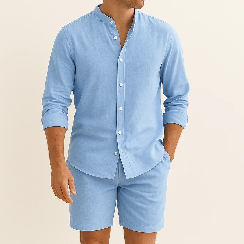 Herren Leinenlook Set Hemd Shorts