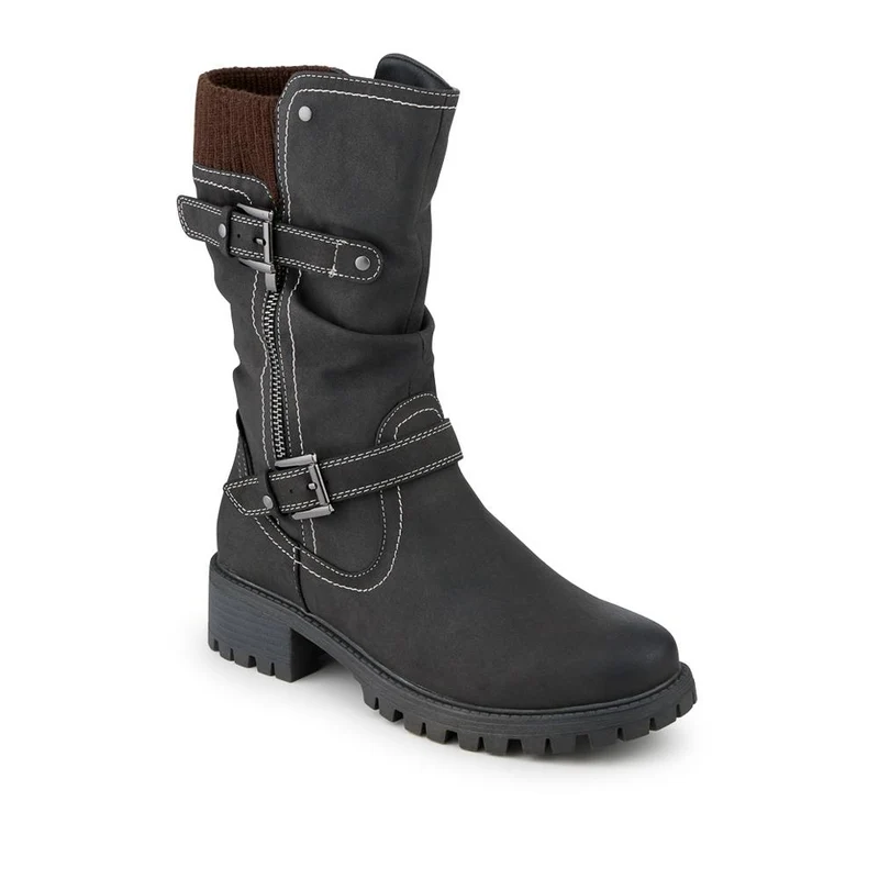 Dual Buckle Knitted Cuff Zipped Ankle Boots - TELOO42007 / 328 461 - Black