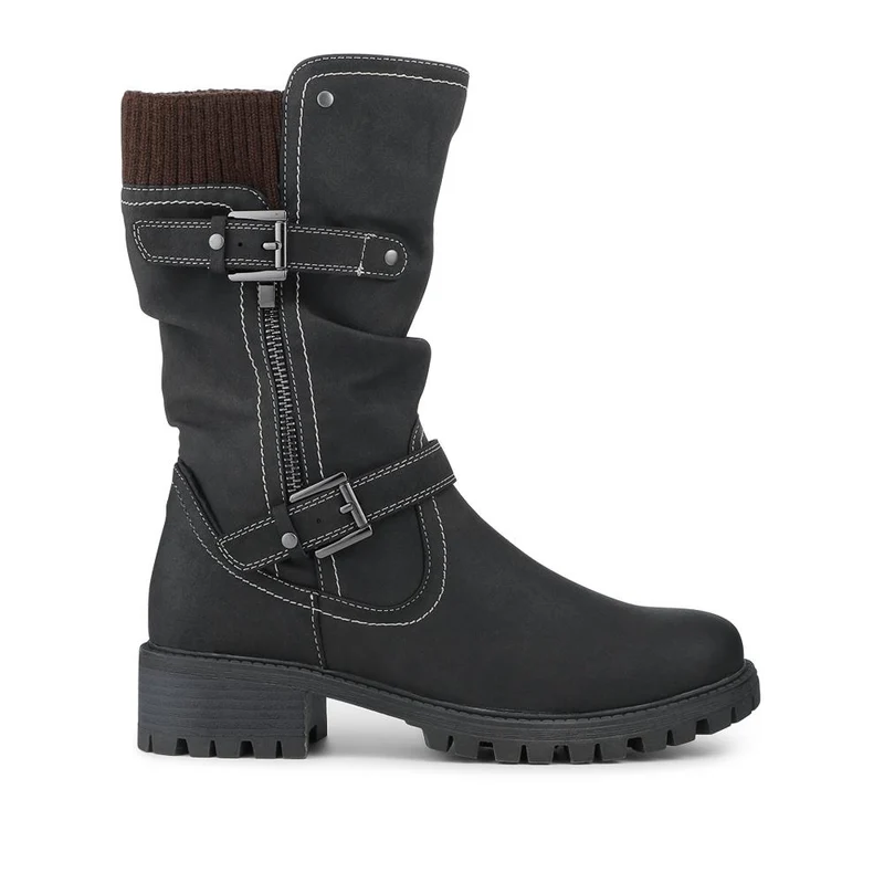 Dual Buckle Knitted Cuff Zipped Ankle Boots - TELOO42007 / 328 461 - Black