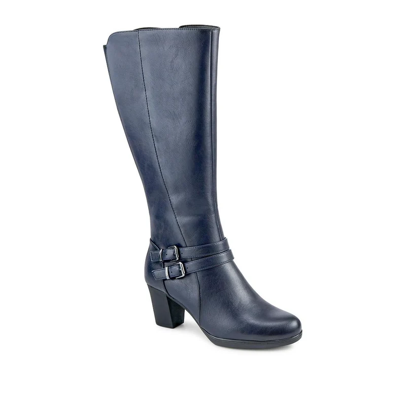 Heeled Calf-Stretch Long Boots - WK42007 / 327 914 - Navy
