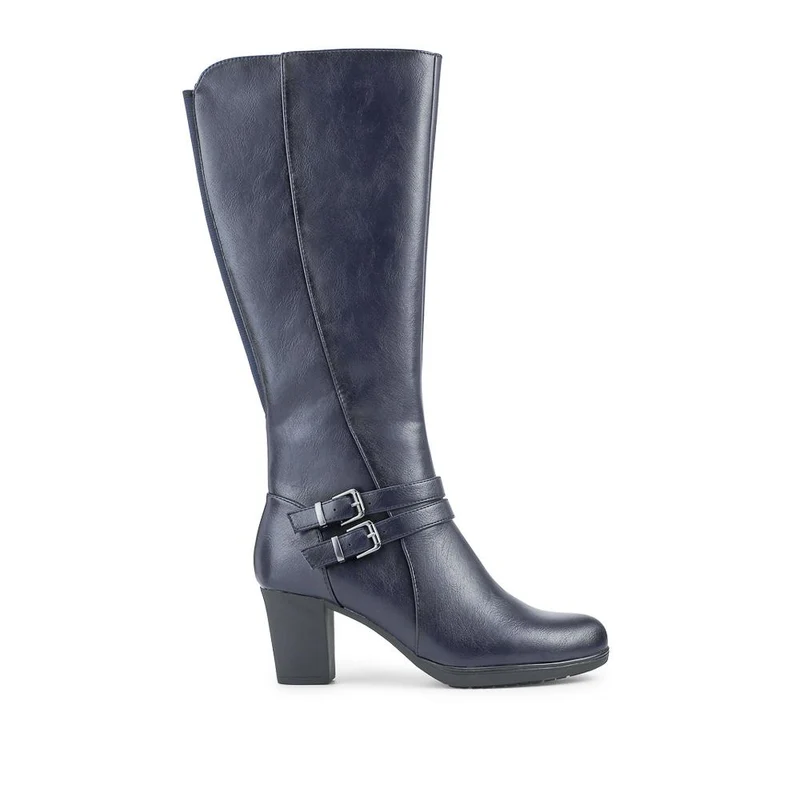 Heeled Calf-Stretch Long Boots - WK42007 / 327 914 - Navy