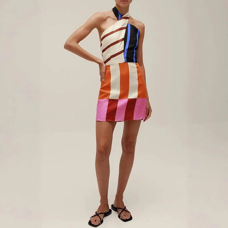Cocktail Mini Kleid mit Halterneck Colorblock