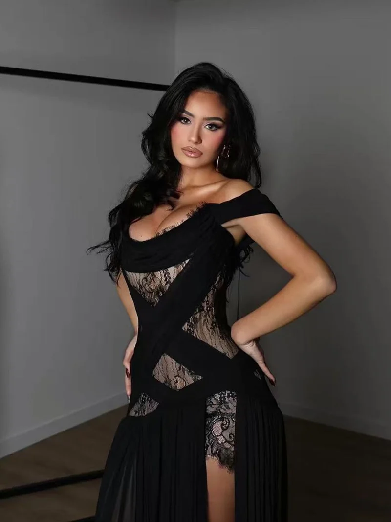 Sommermaxikleider Schwarz Off-Shoulder mit Schlitz