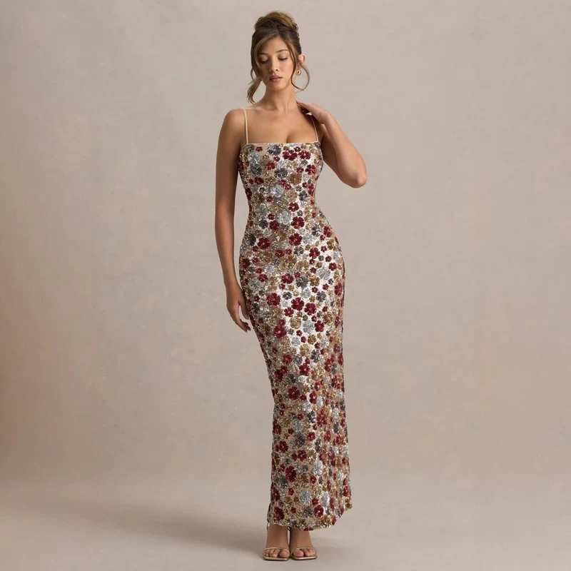 Pailletten Abendkleid in Maxi-Länge mit Blumenmuster