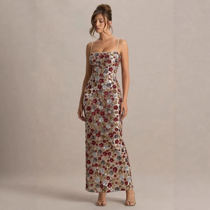 Pailletten Abendkleid in Maxi-Länge mit Blumenmuster