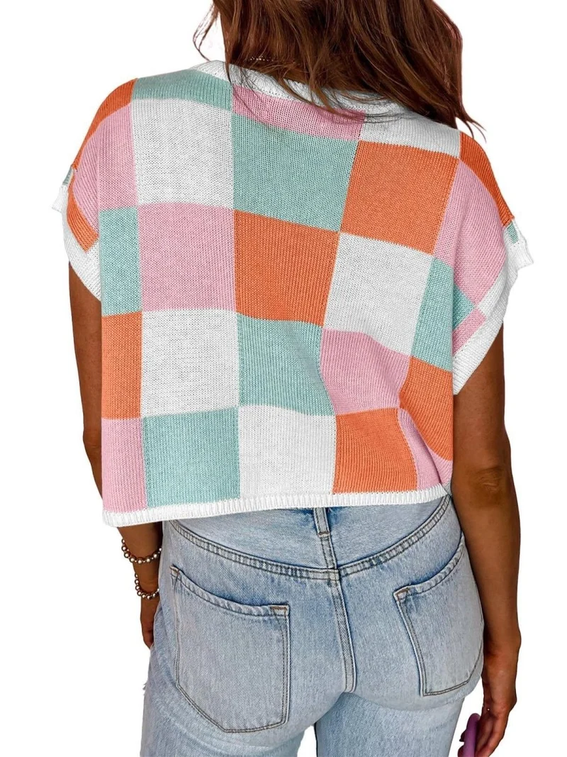 Lotta – Karierter Strick-Crop-Top mit Oversized-Kästchenmuster