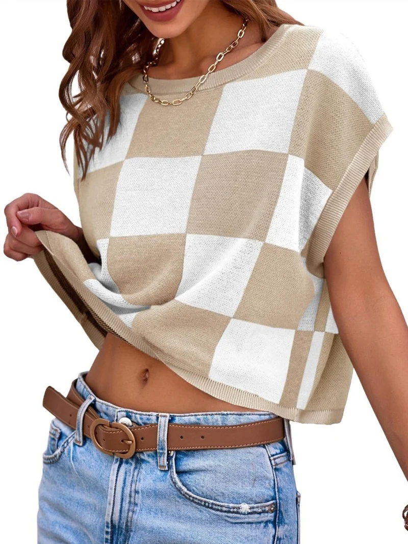 Lotta – Karierter Strick-Crop-Top mit Oversized-Kästchenmuster