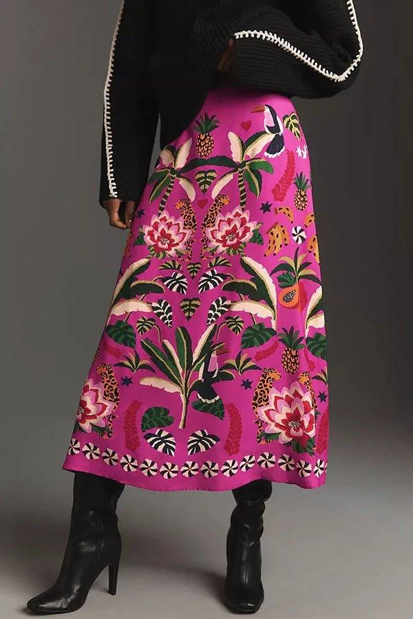 Carla – Pinkfarbener Maxirock mit exotischem Print und A-Linie