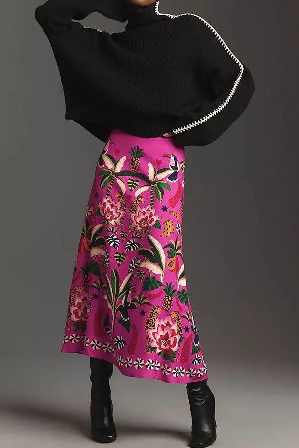 Carla – Pinkfarbener Maxirock mit exotischem Print und A-Linie