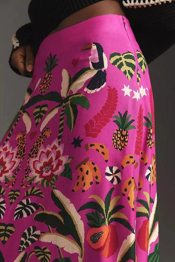 Carla – Pinkfarbener Maxirock mit exotischem Print und A-Linie