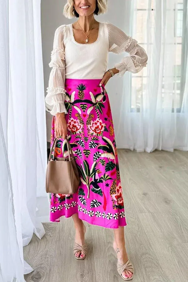 Carla – Pinkfarbener Maxirock mit exotischem Print und A-Linie