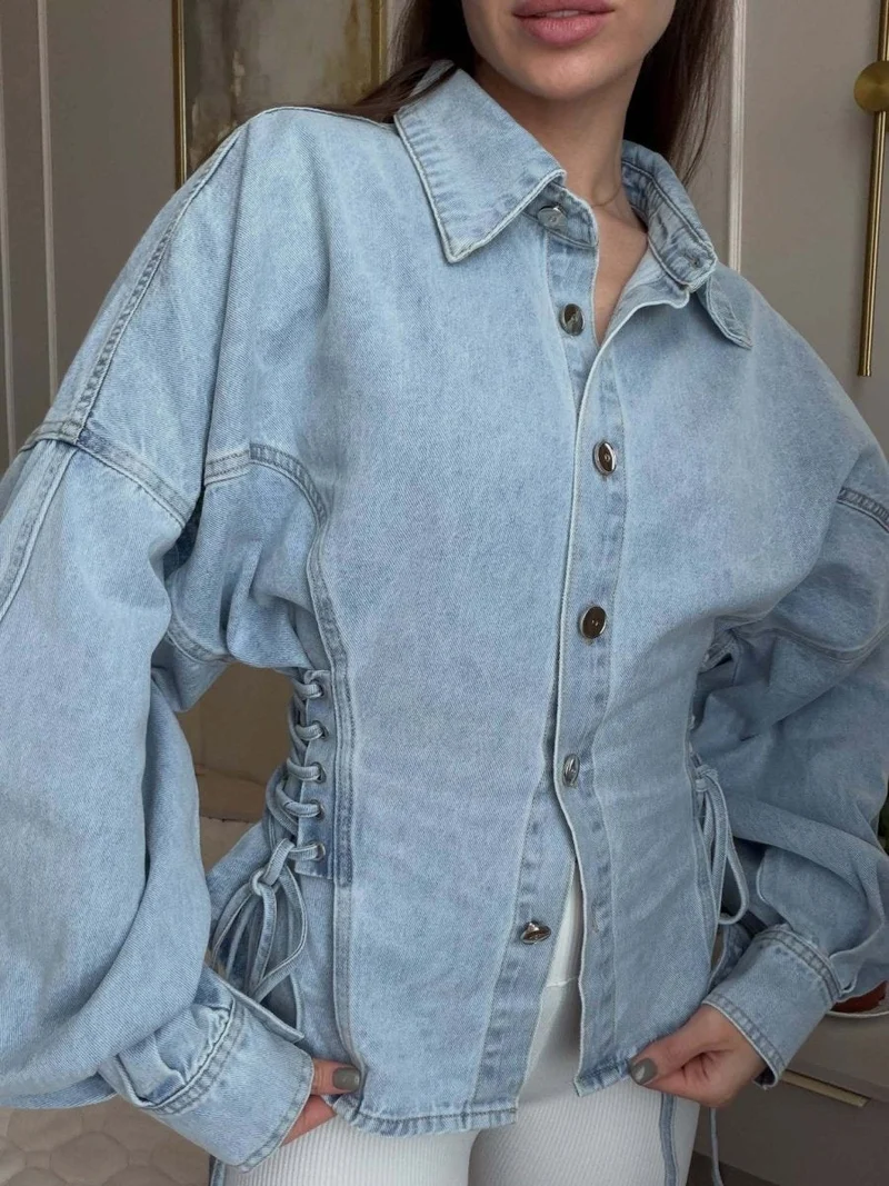 Damen Denim Bluse Tailliert mit Schnürung