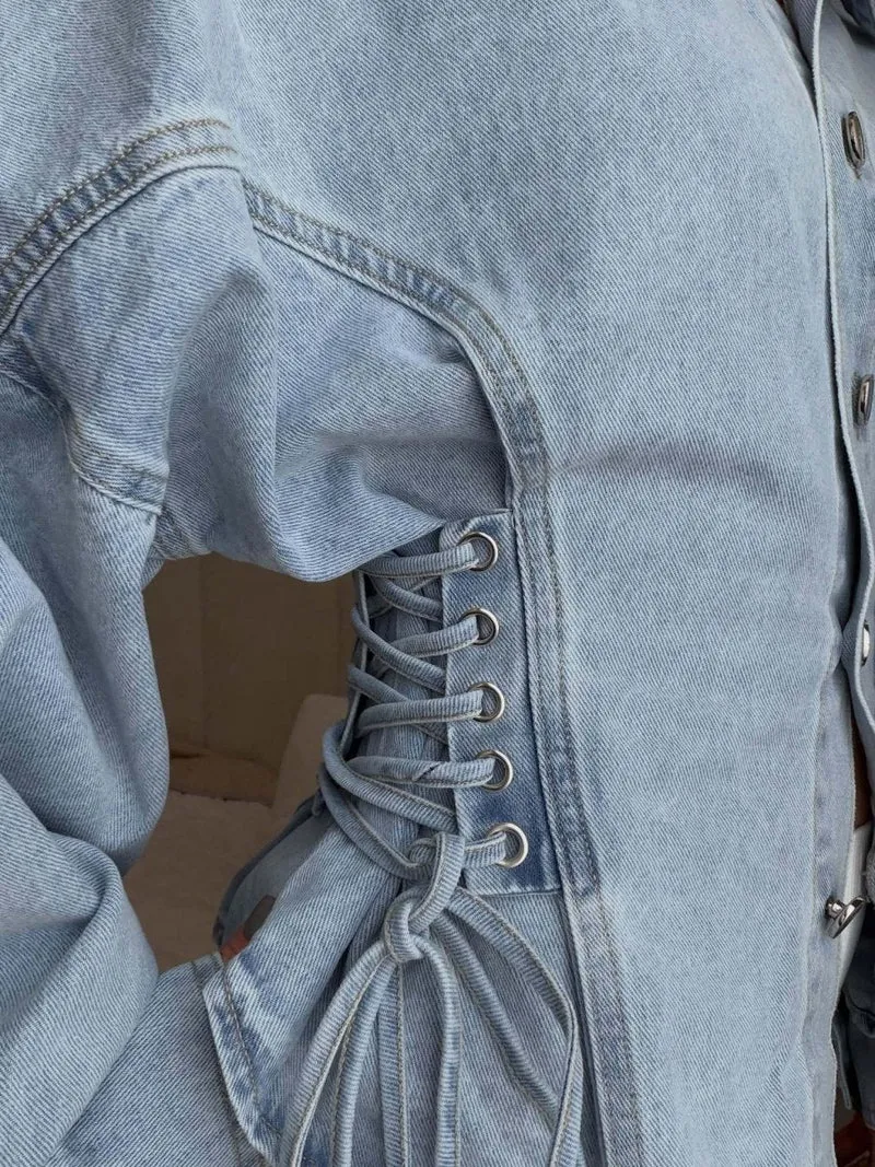 Damen Denim Bluse Tailliert mit Schnürung