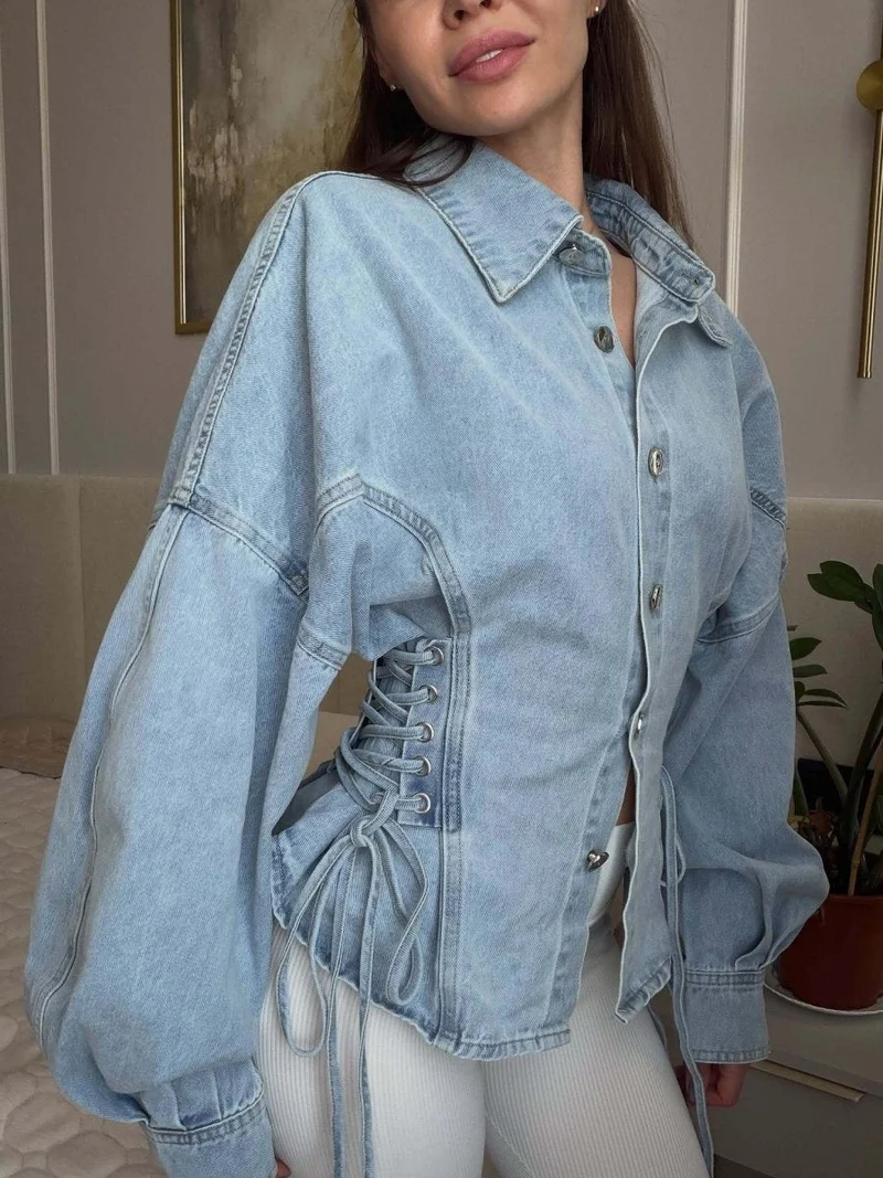 Damen Denim Bluse Tailliert mit Schnürung