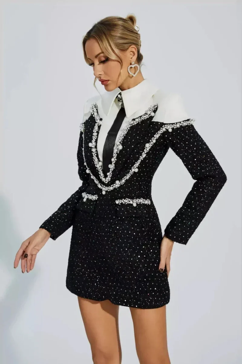 luna – perlenverziertes blazer-kleid mit kragen & glitzer-details
