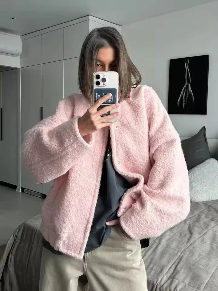 Kurze Teddyjacke Oversized Rosa