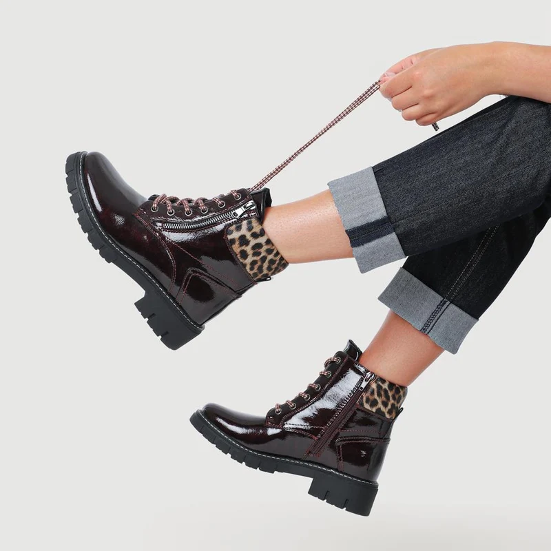 Patent Zip & Lace Up Ankle Boots - WBINS42039 / 327 920 - Burgundy