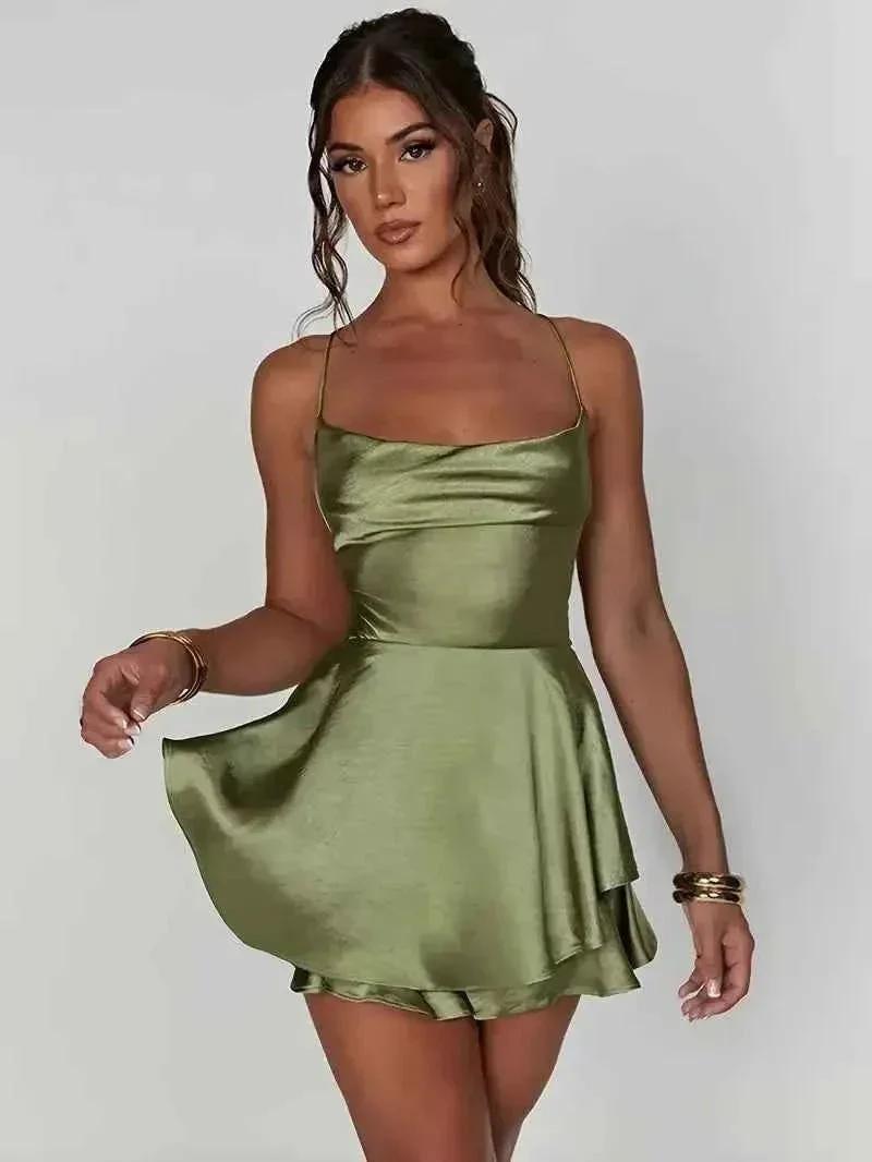 Giulia – Satin Look Minikleid mit Spaghettiträgern und Volant-Rock