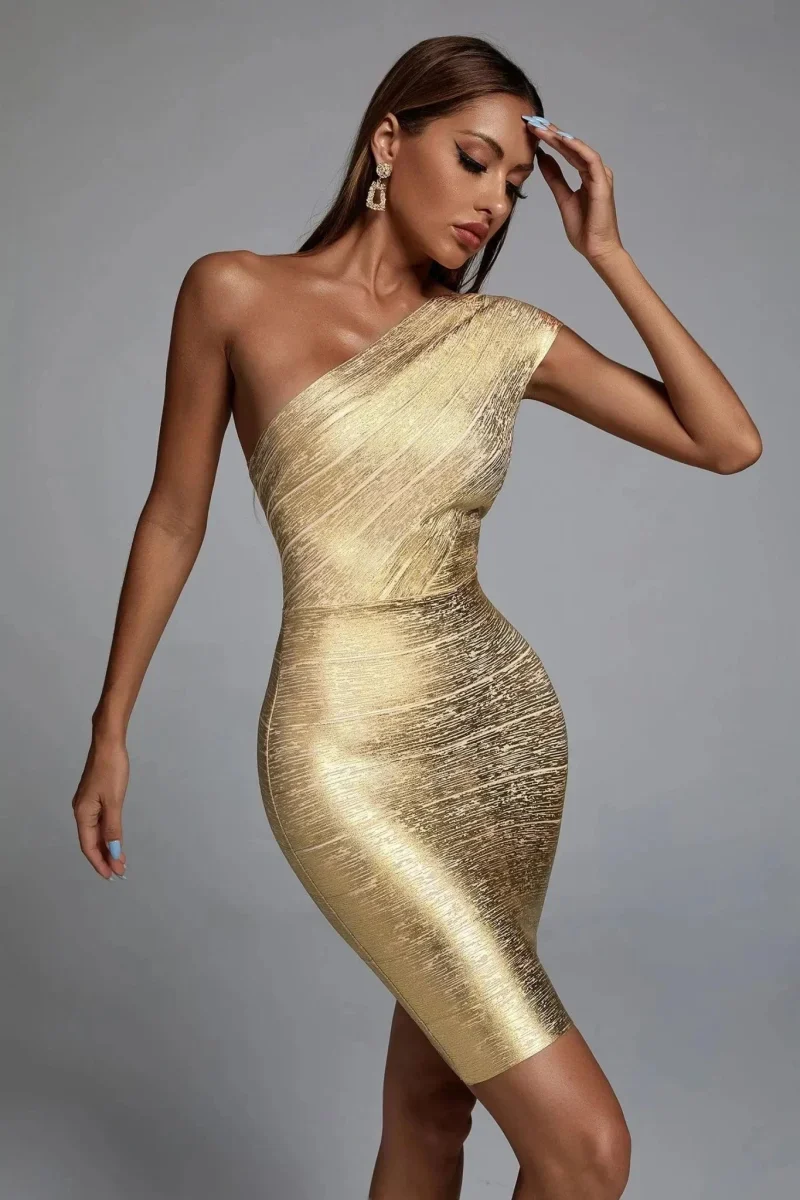 Aurora – Einseitiges Minikleid in Gold mit Glanzeffekt