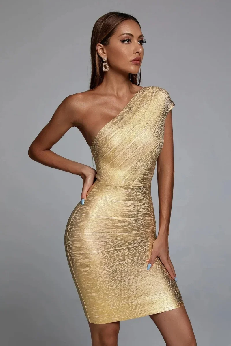 Aurora – Einseitiges Minikleid in Gold mit Glanzeffekt