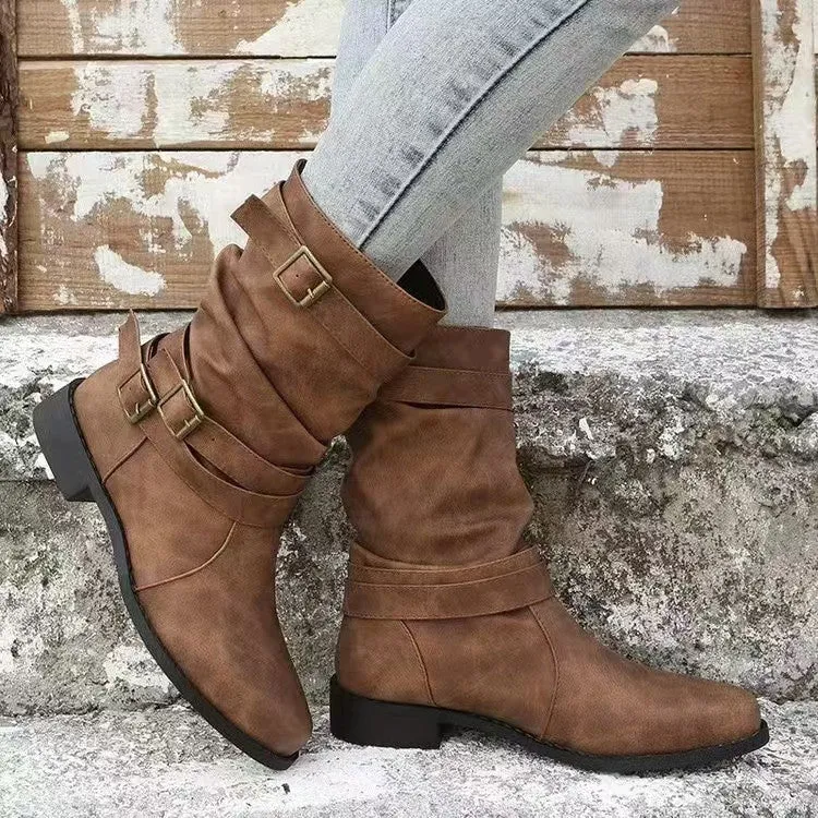 Damen nan lässiger mittlerer Schaftstiefel mit weichem Slouch-Effekt, dekorativen Schnallenriemen und robustem Blockabsatz Drune