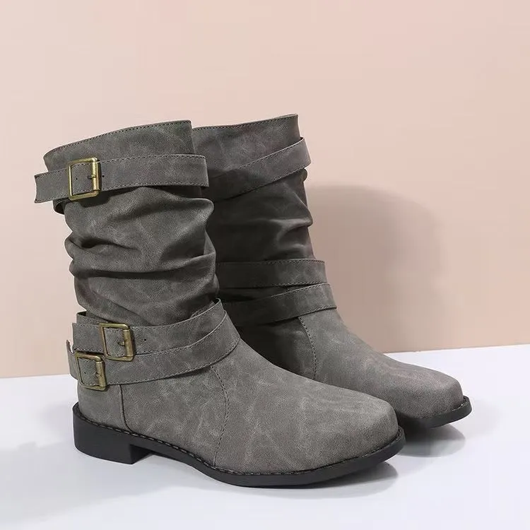 Damen nan lässiger mittlerer Schaftstiefel mit weichem Slouch-Effekt, dekorativen Schnallenriemen und robustem Blockabsatz Drune