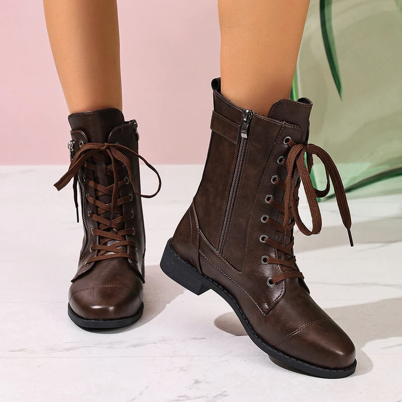 Damen nan knöchelhohe Schnürstiefel aus Lederimitat mit seitlichem Reißverschluss und strapazierfähiger Profilsohle Drune