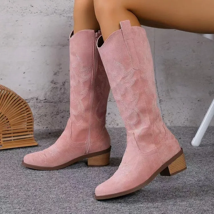 Damen nan Kniestiefel im Westernstil mit mittelhohem Blockabsatz seitlichem Reißverschluss und gesticktem Wildlederfinish Drune