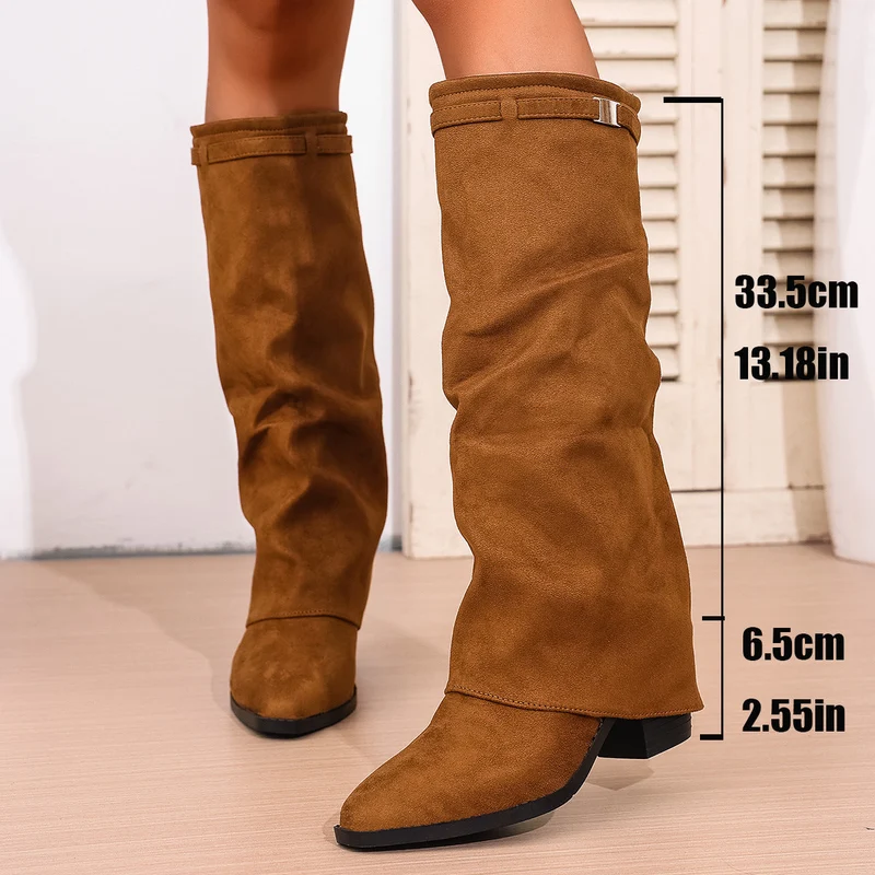 Damen nan knielange Slouch-Stiefel mit spitzer Zehenpartie und niedrigem Blockabsatz Drune