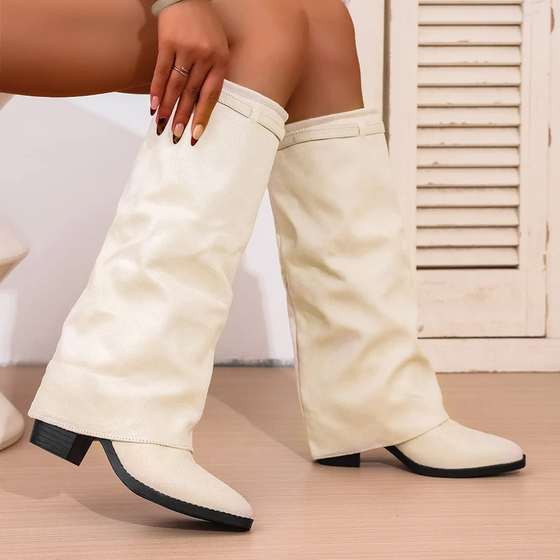 Damen nan knielange Slouch-Stiefel mit spitzer Zehenpartie und niedrigem Blockabsatz Drune