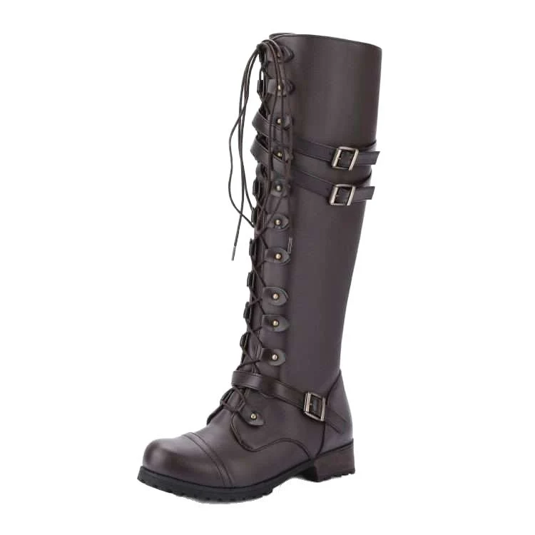Damen nan kniehohe Schnürstiefel im Militär-Vintage Stil mit dekorativen Riemen und verstellbaren Schnallen Drune