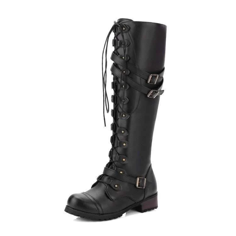 Damen nan kniehohe Schnürstiefel im Militär-Vintage Stil mit dekorativen Riemen und verstellbaren Schnallen Drune