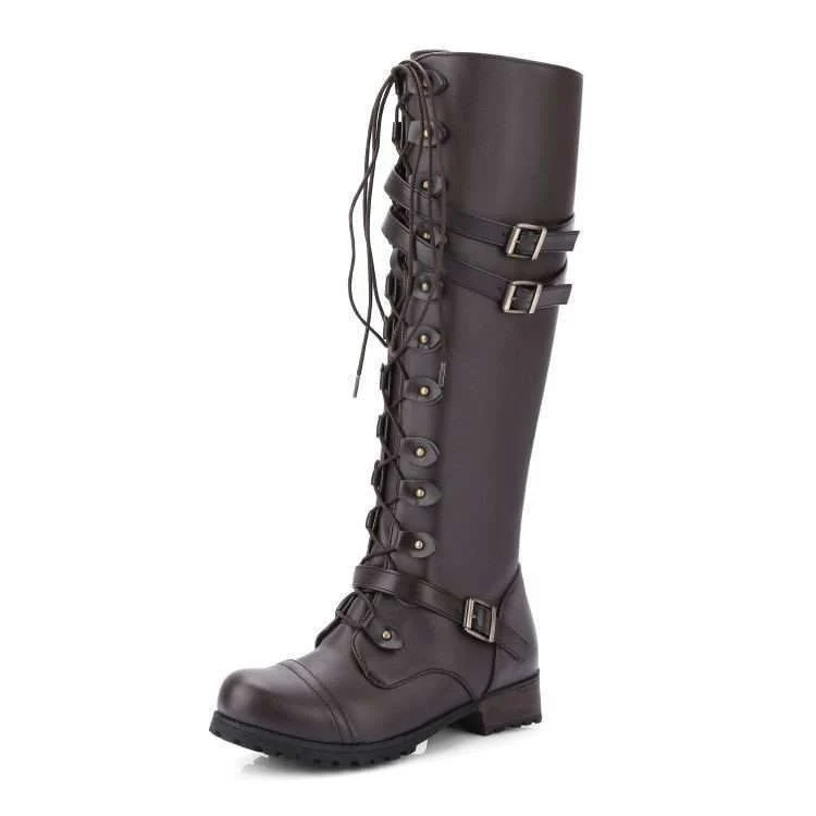 Damen nan kniehohe Schnürstiefel im Militär-Vintage Stil mit dekorativen Riemen und verstellbaren Schnallen Drune