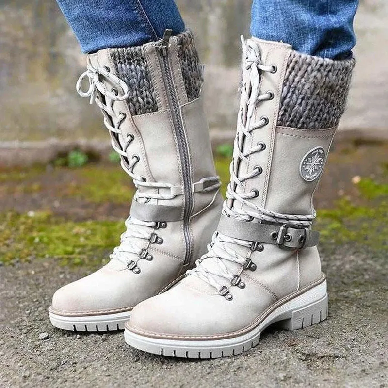 Damen nan gefütterte Schnürstiefel mit gestricktem Schaftbund, dekorativem Schnallenriemen und profilierter Gummisohle Drune